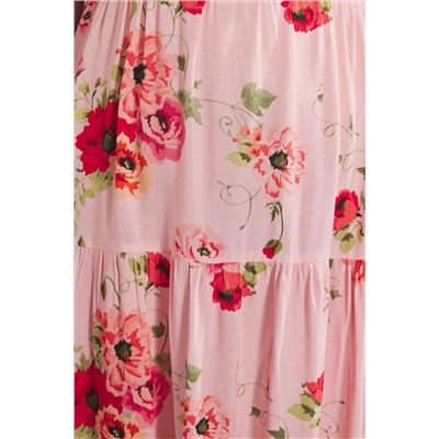 Pembe Çiçekli Askılı Midi Yazlık Dokuma Büyük Beden Elbise TBBSS25AH00104