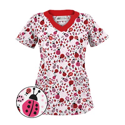 UA Lady Bug Oasis White Print Scrub Top