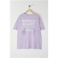 Mor Yıkamalı Sırt Baskılı Geniş Kalıp %100 Pamuk Örme bÜyük Beden Tshirt TBBSS25BF00006