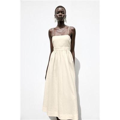 BEADED STRAPPY LINEN BLEND MIDI DRESS
