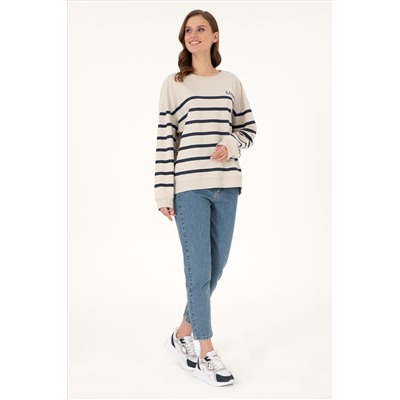 Kadın Taş Çizgili Bisiklet Yaka Sweatshirt