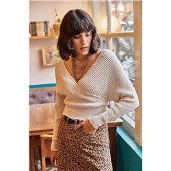 Olalook Kadın Taş Ön Arka V Bel Üstü Crop Triko Kazak KZK-19000076