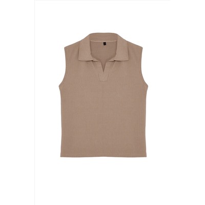 Bej Fitted/Vücuda Oturan Polo Yaka Esnek Örme Büyük Beden Bluz TBBSS24AF00065