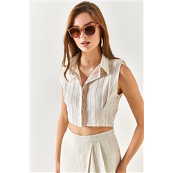 Olalook Kadın Taş Kahve Vatkalı Çizgili Crop Keten Gömlek GML-19001133