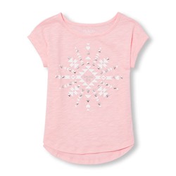 Girls Short Rolled Sleeve Embellished Graphic Hi-Low Top