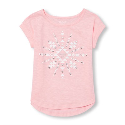 Girls Short Rolled Sleeve Embellished Graphic Hi-Low Top