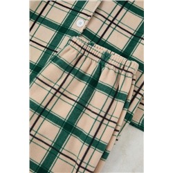 Yeşil Nakışlı Ekoseli Polar Kışlık Örme Pijama Takımı TBBAW26AI00005