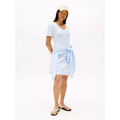 Striped Ribbed V-Neck T-Shirt Dress