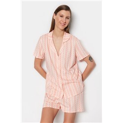 TRENDYOLMİLLA Somon %100 Pamuk Çizgili Puantiyeli Gömlek-Şort Örme Pijama Takımı THMSS23PT00020