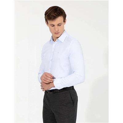 Açık Mavi Slim Fit Armürlü Uzun Kollu Gömlek