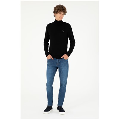 Erkek Slim Fit Boğazlı Yaka Siyah Basic Kazak