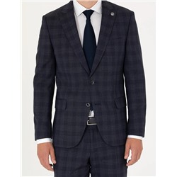 Lacivert Ekose Yün Karışımlı Ekstra Slim Fit Takım Elbise