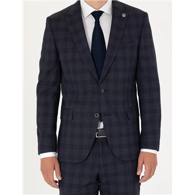 Lacivert Ekose Yün Karışımlı Ekstra Slim Fit Takım Elbise