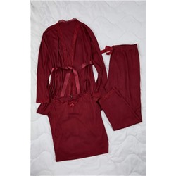 Bordo 3'lü Paket Bağlama ve Dantel Detaylı Örme Pijama Takımı TBBAW26AI00040