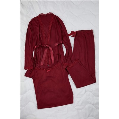 Bordo 3'lü Paket Bağlama ve Dantel Detaylı Örme Pijama Takımı TBBAW26AI00040