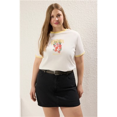 Sarı Boyfriend Fit Basklı Yıkamalı %100 Pamuk Büyük Beden Örme T-Shirt TBBSS25BF00055