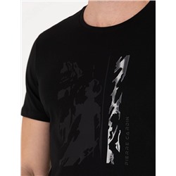 Siyah Slim Fit Baskılı Bisiklet Yaka Tişört