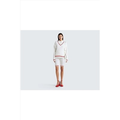United Colors of Benetton Kadın Krem Çizgili V Yaka Bol Kesim Kazak 123P1298E4013-074