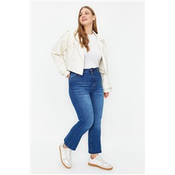 Trendyol Curve Koyu Mavi Yüksek Bel Crop Flare Jeans TBBAW24CJ00068