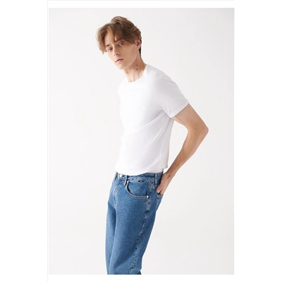 Mavi Bisiklet Yaka Beyaz Basic Tişört Fitted / Vücuda Oturan Kesim 06605622