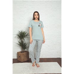 Meba Kadın Kısa Kollu Yaka Düğmeli Su Yeşili Penye Pijama Takımı 3113