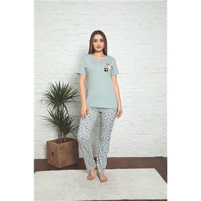 Meba Kadın Kısa Kollu Yaka Düğmeli Su Yeşili Penye Pijama Takımı 3113