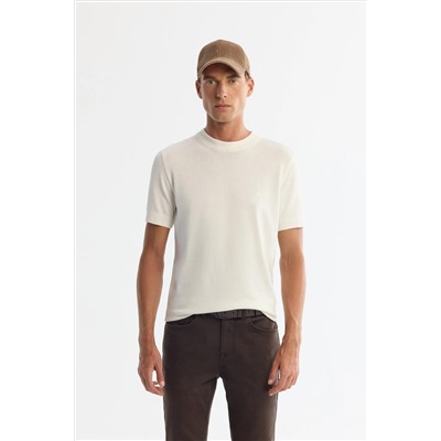 Ekru Yarım Balıkçı Yaka Kısa Kollu Triko T-Shirt