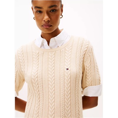 Short-Sleeve Cable Knit Sweater Dress
