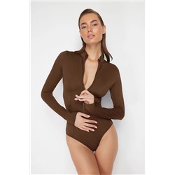 Trendyolmilla Kahverengi Fermuarlı Uzun Kollu Regular Sörf Mayosu TBESS20MA0301