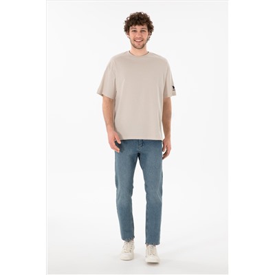 Erkek Oversize Fit Bisiklet Yaka Taş Tişört