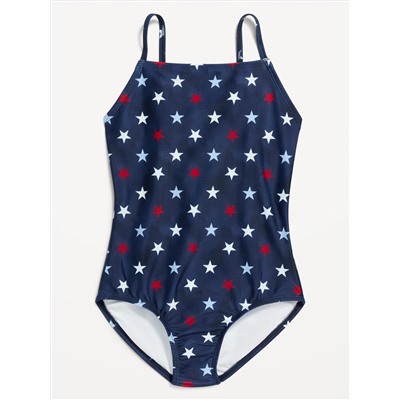 Printed Square-Neck Lattice-Back One-Piece Swimsuit for Girls