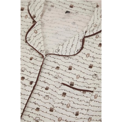 Kahverengi Baykuş Desenli Biyeli Gömlek Yaka Dokulu Örme Pijama Takımı TBBAW26AI00039