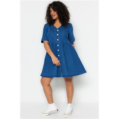 Mavi Belden Açılan/Skater V Yaka Denim Elbise TBBSS23AH00078