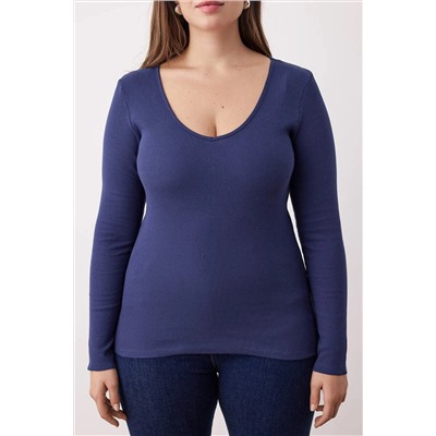 Lacivert-Taş 2'li Paket V Yaka Fitted/Vücuda Oturan Pamuklu Esnek Örme Bluz TBBAW26AF00018