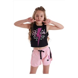MSHB&G, Rock Life Kız Çocuk Siyah Pembe Yazlık Crop T-shirt Şort Takım