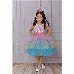 Delfini kids Ünicorn Pul Taçlı Doğumgünü Prenses Elbisesi ND1936