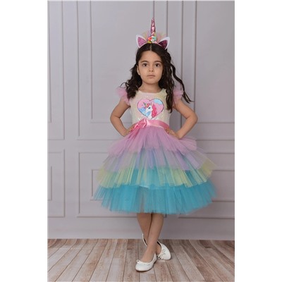 Delfini kids Ünicorn Pul Taçlı Doğumgünü Prenses Elbisesi ND1936