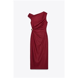 LINEN BLEND DRAPED MIDI DRESS