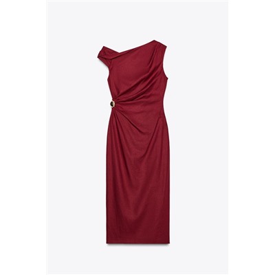 LINEN BLEND DRAPED MIDI DRESS
