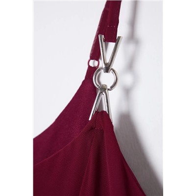 Bordo Şifon Aksesuar Askılı Mini Dokuma Büyük Beden Elbise TBBSS25AH00051