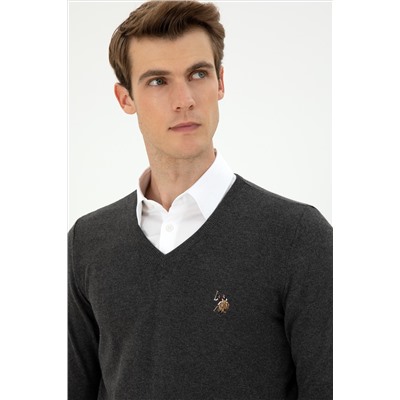 Erkek Slim Fit V Yaka Antrasit Basic Kazak