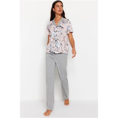 TRENDYOLMİLLA Gri Çiçek Detaylı Örme Pijama Takımı THMAW22PT0694