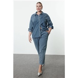 Açık Mavi Taşlı Büyük Beden Denim Gömlek TBBAW25AX00002