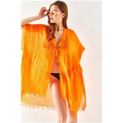 Olalook Kadın Turuncu Yırtmaçlı Bağlamalı Pareo Kimono KMN-00000063