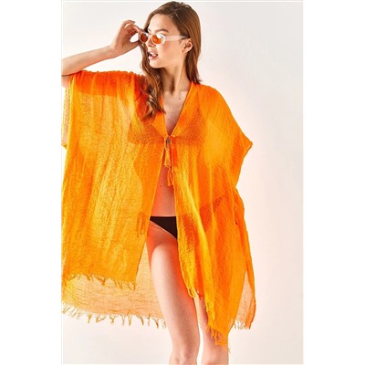 Olalook Kadın Turuncu Yırtmaçlı Bağlamalı Pareo Kimono KMN-00000063