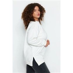 Bej Kalın İçi Polarlı Yırtmaçlı Oversize/Bol Kesim Örme Büyük Beden Sweatshirt TBBAW24AO00003