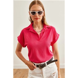 Olalook, Kadın Fuşya Katlamalı Kol Polo Yaka Bluz BLZ-19002677