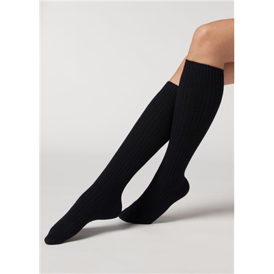 Lange gerippte Damensocken mit Wolle und Cashmere