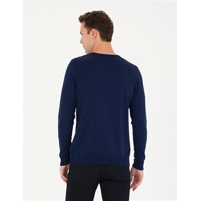 Açık Lacivert Slim Fit Bisiklet Yaka Basic Triko Kazak
