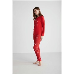 U.S. Polo Assn. Kadın %100 Pamuklu Kırmızı Yıldız Desenli Yuvarlak Yaka Dar Paça 2'li Pijama Takımı 26979